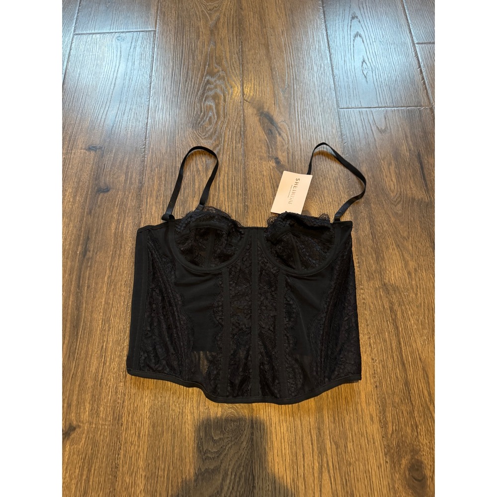 Shein BAE Black Lace Corset Top Underwire Bustier Hook Eye Back L Large NWT